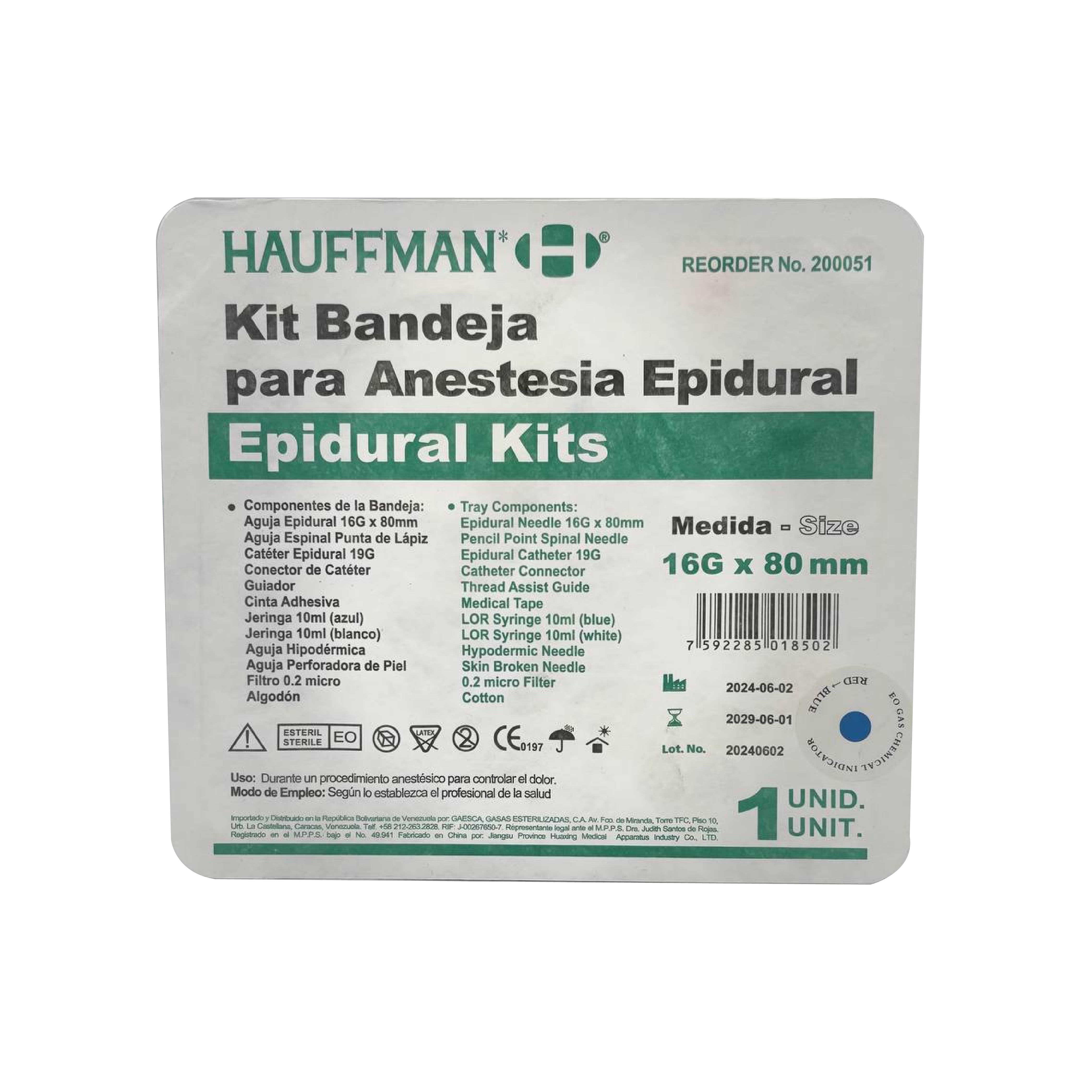 Bandeja para Anestesia Epidural 16 g x 80 mm